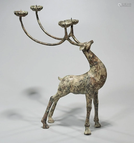 Chinese Archaistic Bronze Deer Form Candle Hol…