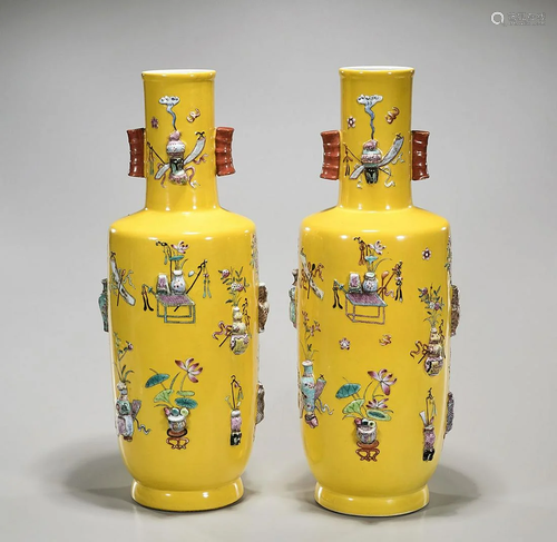 Pair Large Chinese Raised Enamel Porcelain Vases