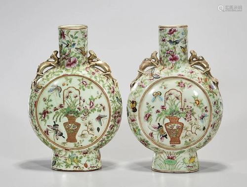 Pair Chinese Enameled Porcelain Moonflasks