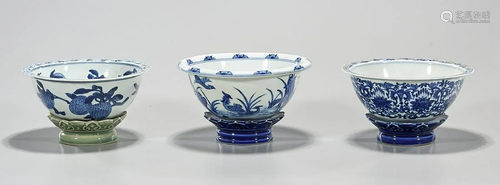 Group of Three Chinese Blue & White Porcelain Bowls