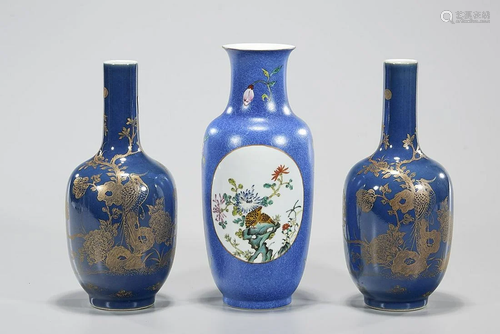 Three Chinese Blue Glazed Porcelain Vases