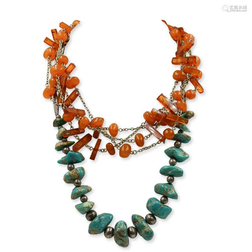 (2 Pc) Vintage Turquoise and Amber Necklaces