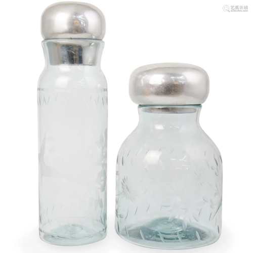 Pair Of Etched Blown Glass Bottles