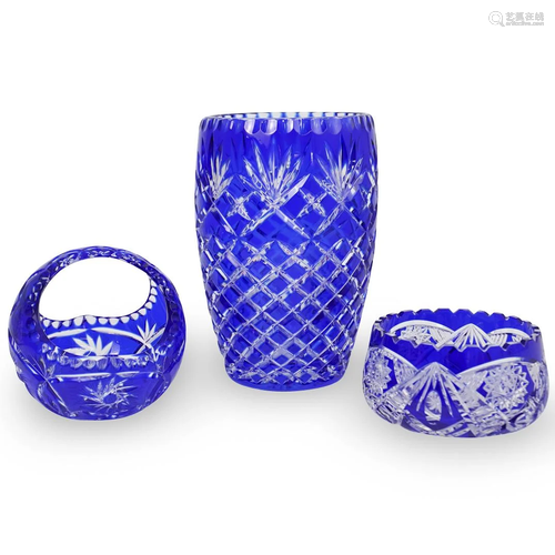 (3 Pc) Bohemian Cobalt Crystal Vase Grouping