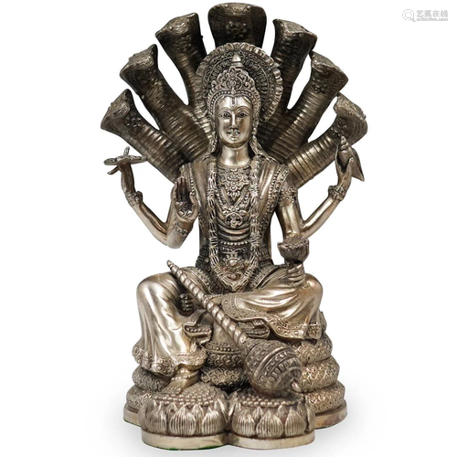 Silver Bronze Thai Buddha with Seven Snakes