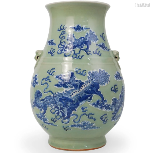 Chinese Celadon Blue Foo Dog Vase