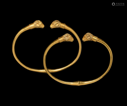 Late Achaemenid Gold Ram-Headed Bracelet Pair