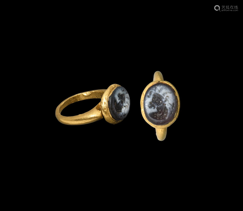 Sassanian Gold Ring with Horse Head Gemstone