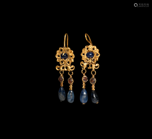 Gold Floral Earrings with Large Sapphire Drops