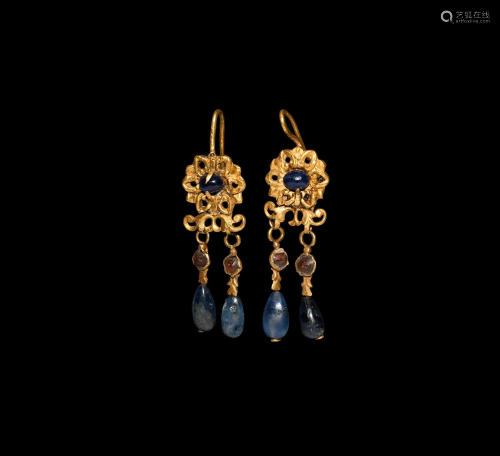 Gold Floral Earrings with Large Sapphire Drops