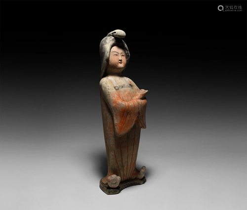 Chinese Tang Standing Lady with Baby Figurine