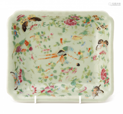 A CELADON GROUND FAMILLE ROSE RECTANGULAR DISH