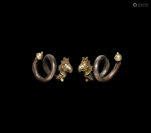 Greek Gilt Silver Hair Ring Pair with Gryphons