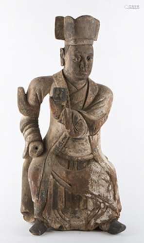 A POLYCHROME CARVED WOOD FIGURE OF AN OFFICIAL OR SCHOLAR