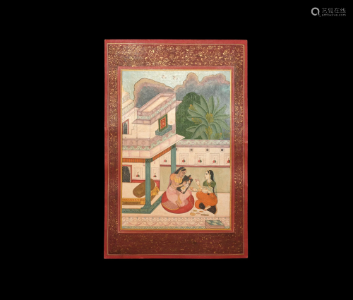 Indian Mughal Painting with Two Ladies Sitting on