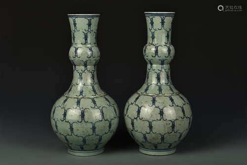 PAIR CELADON GROUND UNDERGLAZE BLUE VASES QING DYNASTY