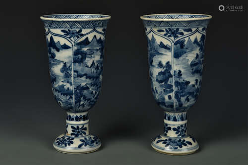 PAIR BLUE AND WHITE WINE GLASS QING DYNASTY