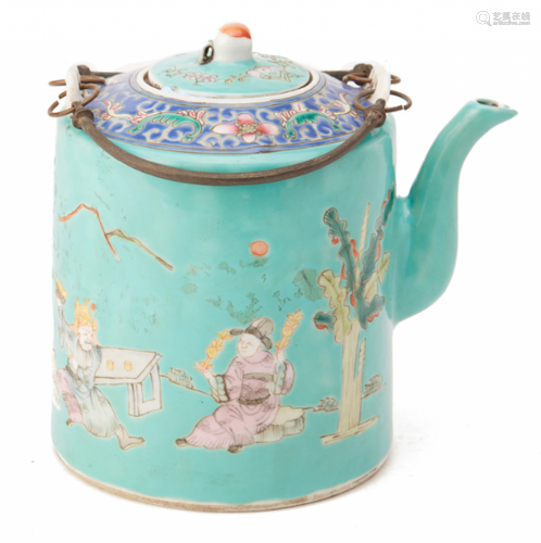 A TURQUOISE GROUND PORCELAIN TEAPOT