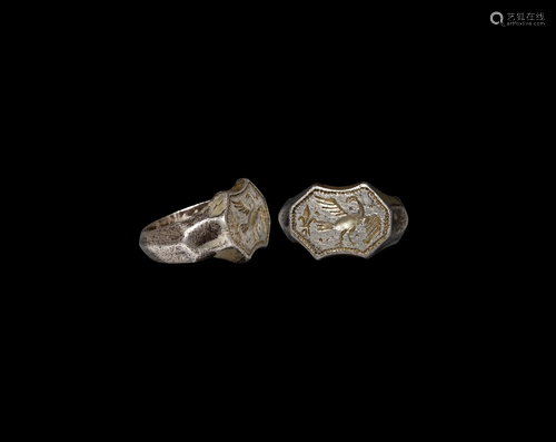 Medieval Gilt Silver Ring with Eagle and Fleur-de-Lys