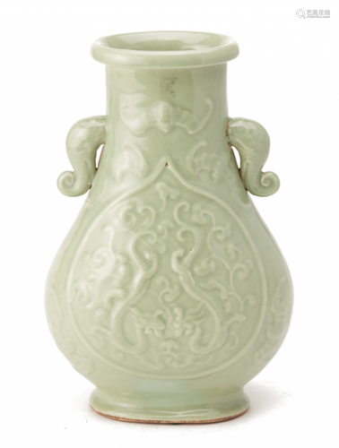 A TWIN-HANDLED CELADON BALUSTER VASE