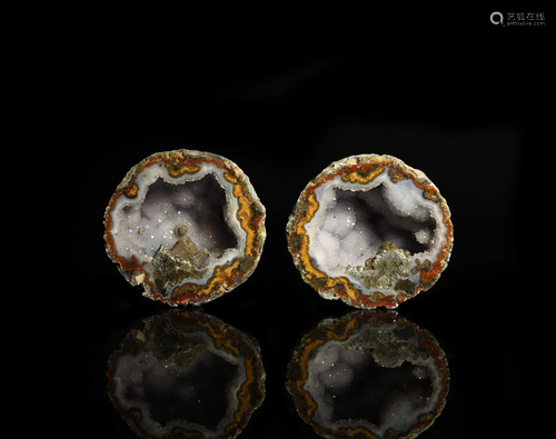 Cut and Polished Crystal Geode Mineral Specimen Pair