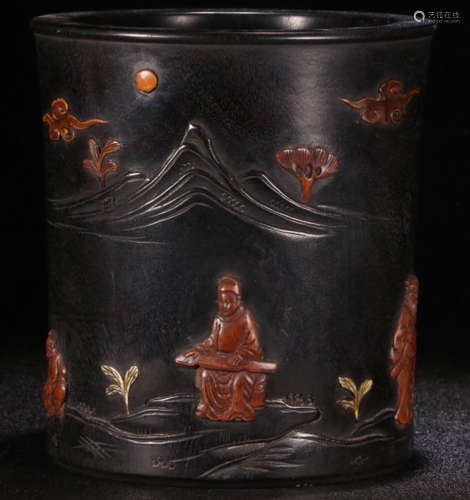 A XIAOYE ZITAN WOOD CARVED BRUSH POT