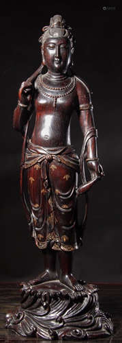 A ZITAN WOOD WITH SILVER CARVED GUANYIN STATUE