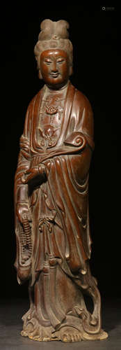 A HUANGYANG WOOD CARVED GUANYIN BUDDHA STATUE