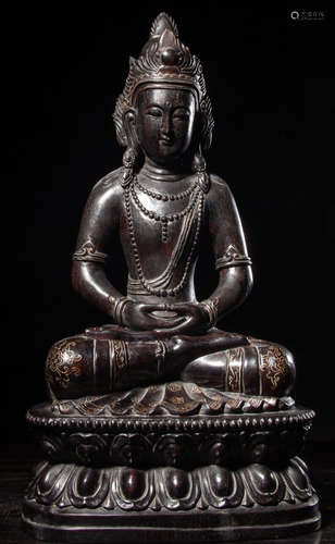 A ZITAN WOOD WITH SILVER TARA BUDDHA STATUE