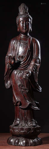 A ZITAN WOOD CARVED GUANYIN BUDDHA STATUE