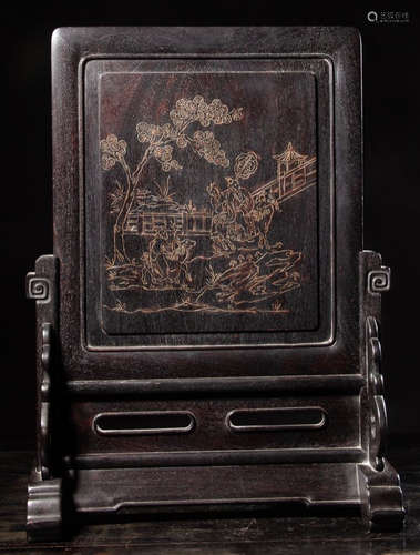 A ZITAN WOOD WITH SILVER FIGURE STORY PATTERN SCREEN