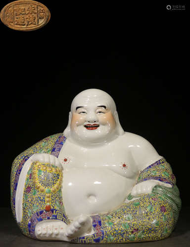 A FAMILLE ROSE GLAZE MAITREYA STATUE