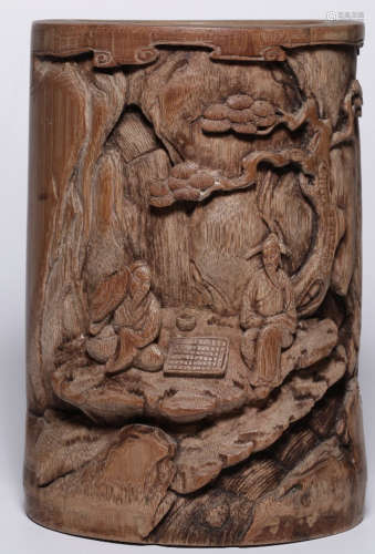 A BAMBOO CARVED STORY PATTERN BRUSH POT