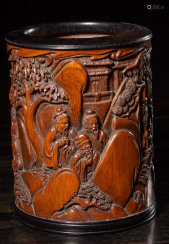 A BAMBOO ROOT CARVED FIGRUE PATTERN BRUSH POT
