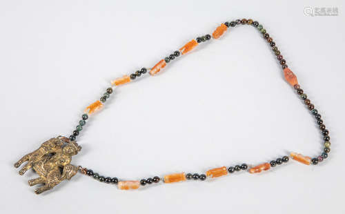 Chinese Export Silver, Agate & Tourmaline Necklace