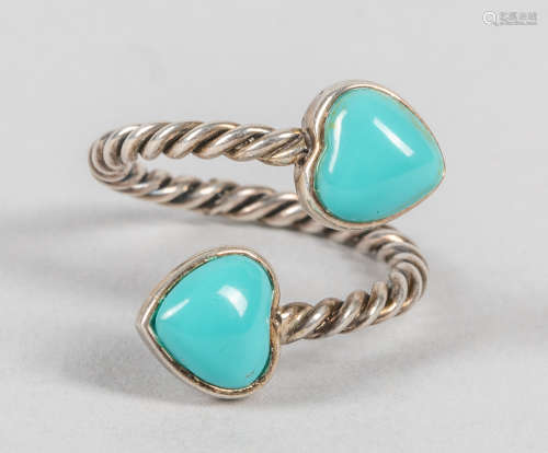 Collectible Double Heart Turquoise Silver Ring