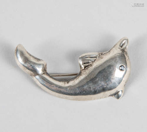 Art Sterling Silver Crystal Dolphin Brooch