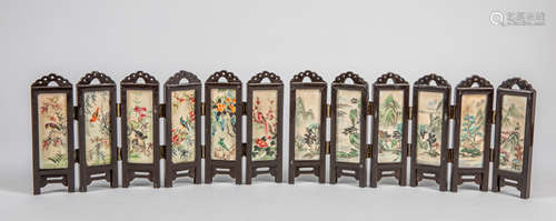 Chinese Old Wood & Painted Marble Mini Foldable Screen