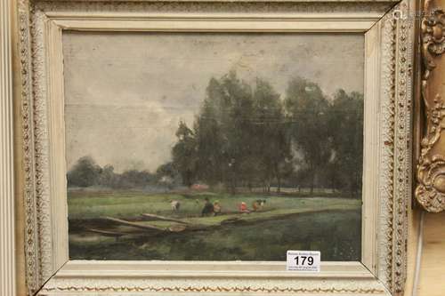 19th/20th century oil on panel of figures collecting watercress, inscribed verso 'near Bromley',