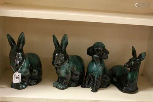 Blue Mountain Pottery - Two Rabbits, Poodle and a Deer, tallest 21cms high