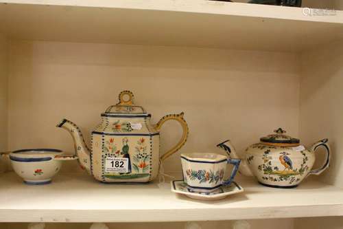 Henriot Quimper Faience Pottery Teapot and Cup & Saucer together with a Quimper Quaiche and a