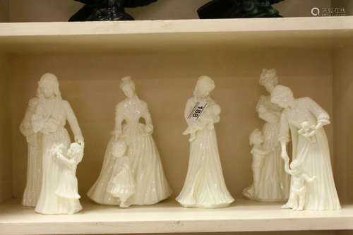 Six Royal Worcester White Glazed Figurines including Two 'Our Cherished Moments' (Mothering Sunday