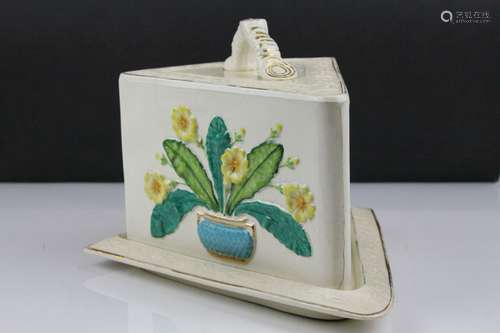 Late 19th / Early 20th century Ceramic Wedge Cheese Dish and Cover, decorated with Majolica