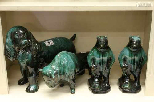 Blue Mountain Pottery - Large Spaniel Dog, Bison and a Pair of Standing Bears, tallest 29cms