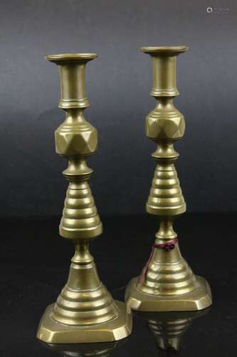 Pair of Victorian Brass Ace of Diamonds Candlesticks stamped with registration no. 223580 28cms high