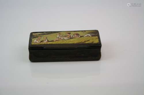 Antique Horn Snuff Box with an applied scene to lid of a Family with Dog, 8.5cms long