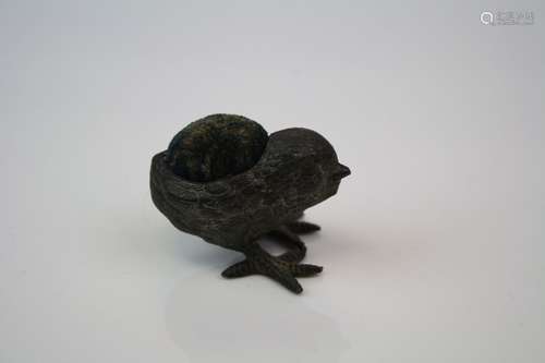 Antique spelter pincushion in the form of a chick