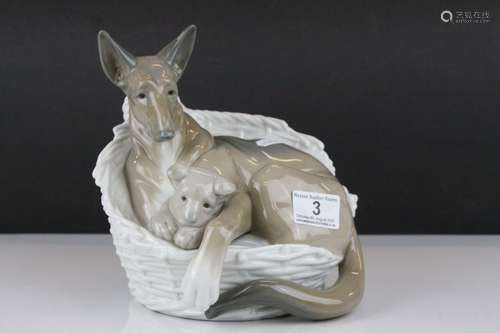 Large Lladro Model of an Alsatian Dog in a Basket with a Puppy, 23cms high