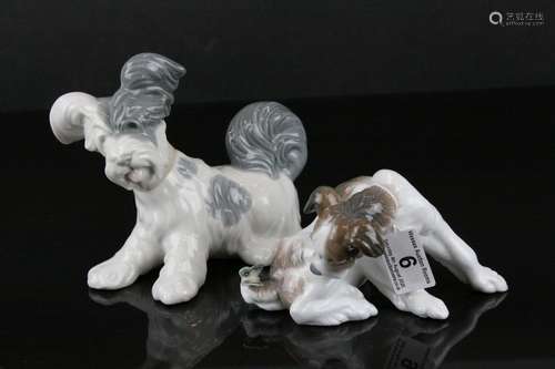 Two Lladro Dogs - Grey and White Terrier plus Terrier with Butterfly on Tail, largest 15cms high