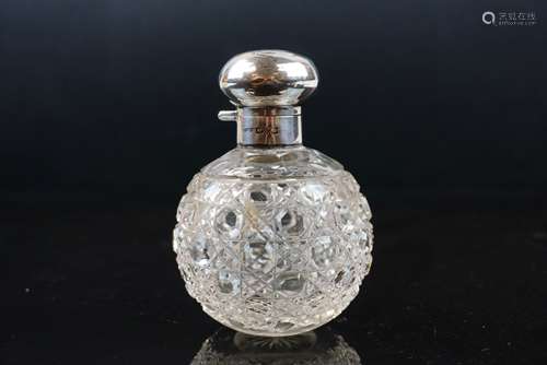 Early 20th century Globular Cut Glass Perfume Bottle with Stopper, the Silver Lid with Chester